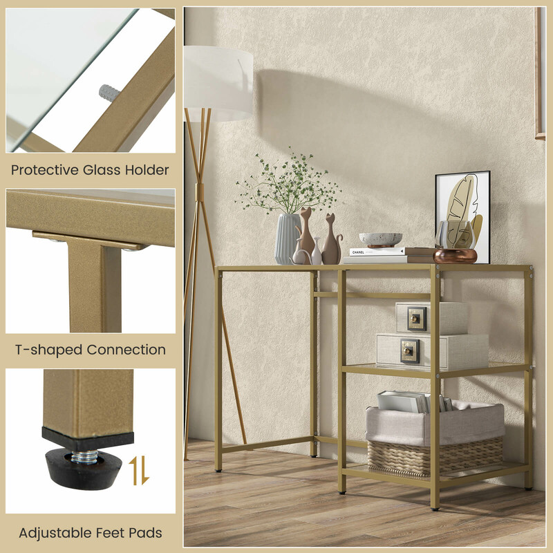 Konsolbord i hærdet glas med to hylder og guldramme 106x51x76 cm