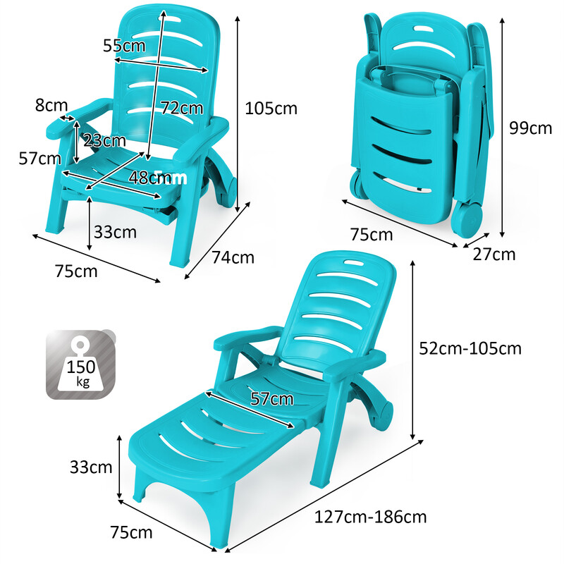 Foldbar solstol PP 5 stillinger turkis med hjul