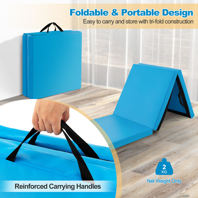 Foldbar træningsmåtte med håndtag 180 x 60 cm blå PU perlebomuld