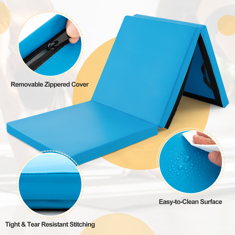 Foldbar træningsmåtte med håndtag 180 x 60 cm blå PU perlebomuld