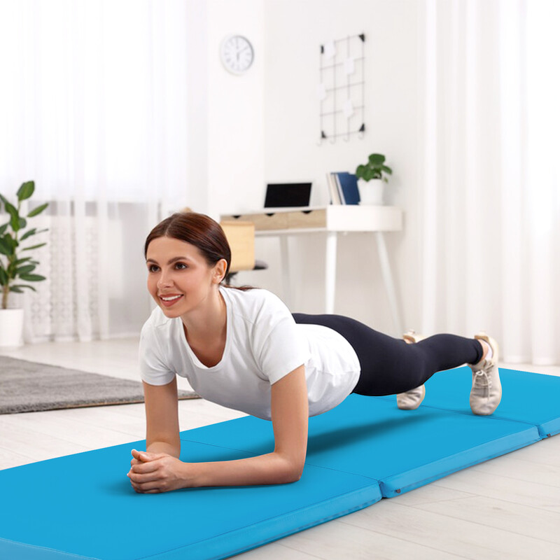 Foldbar træningsmåtte med håndtag 180 x 60 cm blå PU perlebomuld