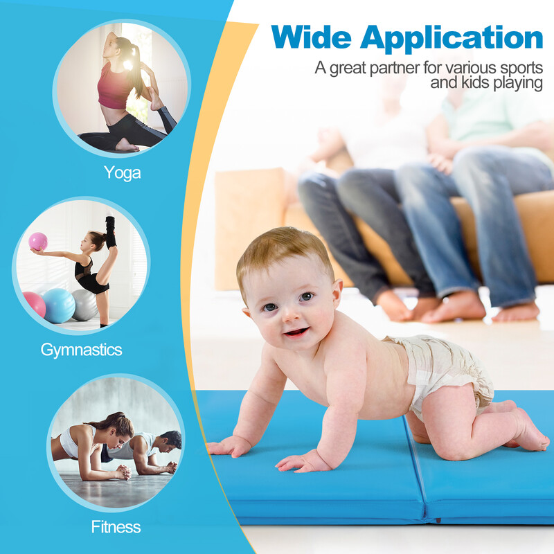 Foldbar træningsmåtte med håndtag 180 x 60 cm blå PU perlebomuld