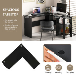 L-formet sort hjørneskrivebord med hylder og kabelhulsåbning 130x130x74 cm