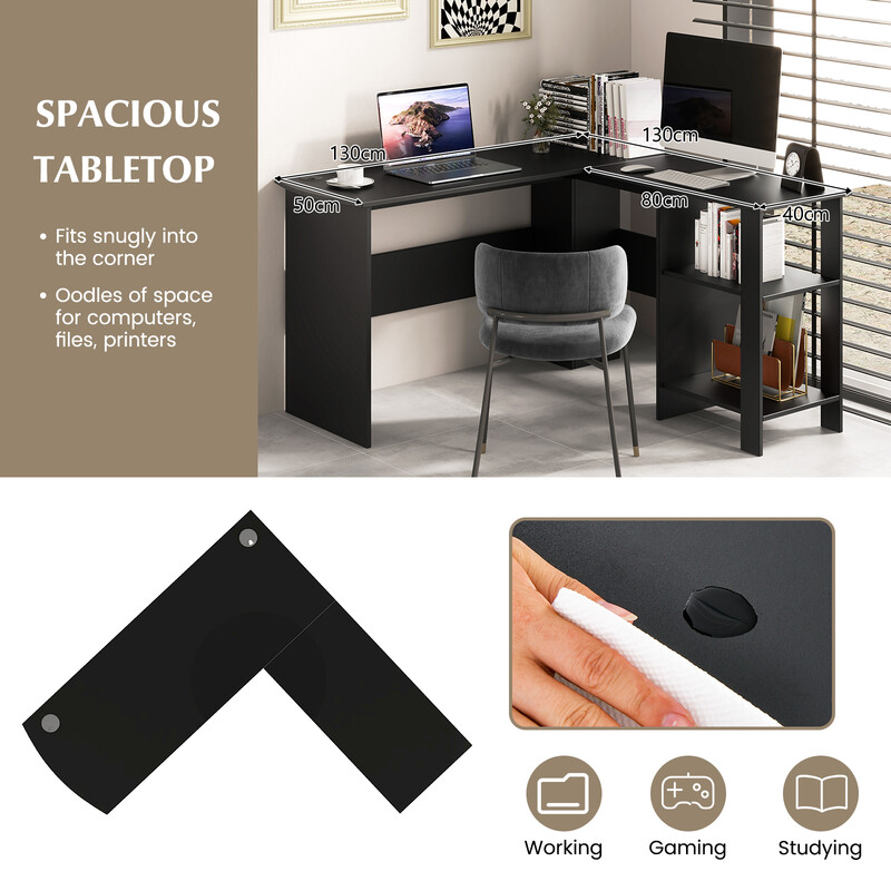 L-formet sort hjørneskrivebord med hylder og kabelhulsåbning 130x130x74 cm