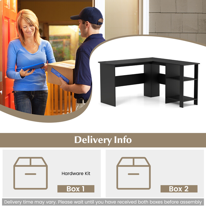 L-formet sort hjørneskrivebord med hylder og kabelhulsåbning 130x130x74 cm