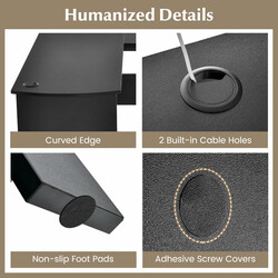 L-formet sort hjørneskrivebord med hylder og kabelhulsåbning 130x130x74 cm