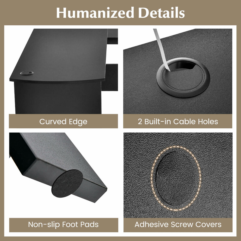 L-formet sort hjørneskrivebord med hylder og kabelhulsåbning 130x130x74 cm