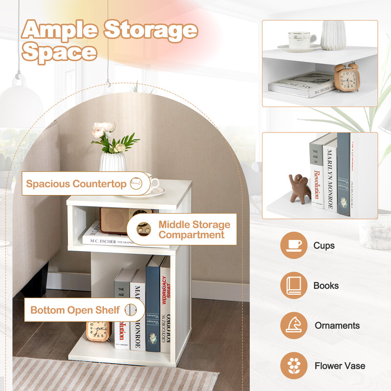 S-formet sidebord i træ hvid 33x33x50 cm med to åbne rum