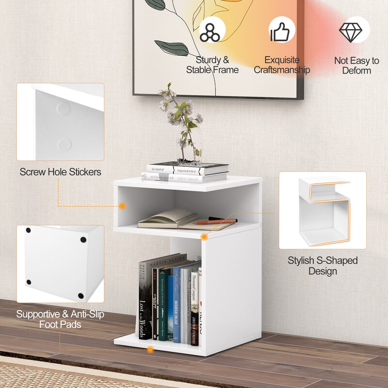 S-formet sidebord i træ hvid 33x33x50 cm med to åbne rum