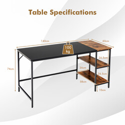 Skrivebord 140 cm rustik brun industrielt med hylder og aftagelig midterhylde