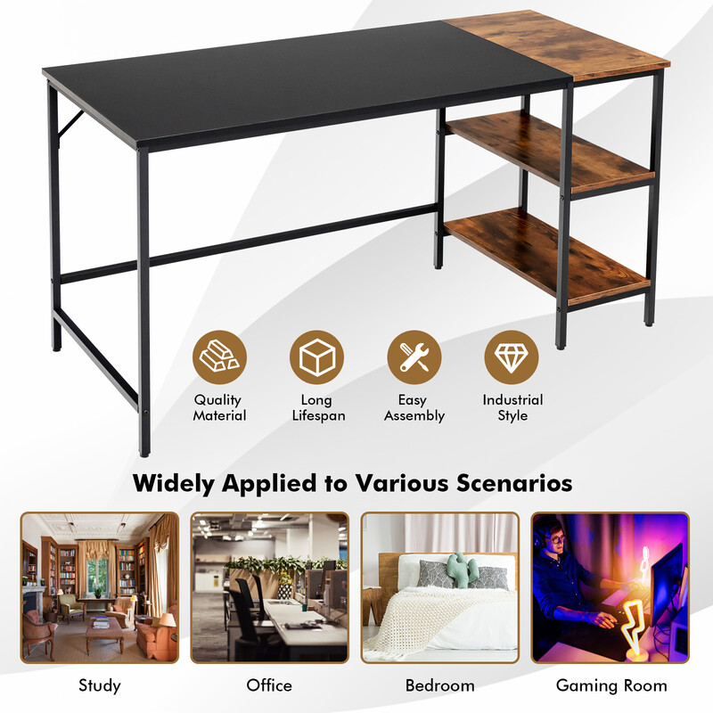 Skrivebord 140 cm rustik brun industrielt med hylder og aftagelig midterhylde