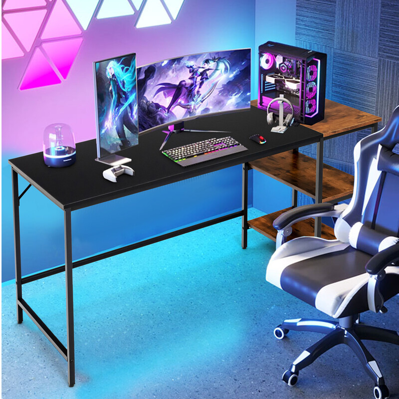 Skrivebord 140 cm rustik brun industrielt med hylder og aftagelig midterhylde