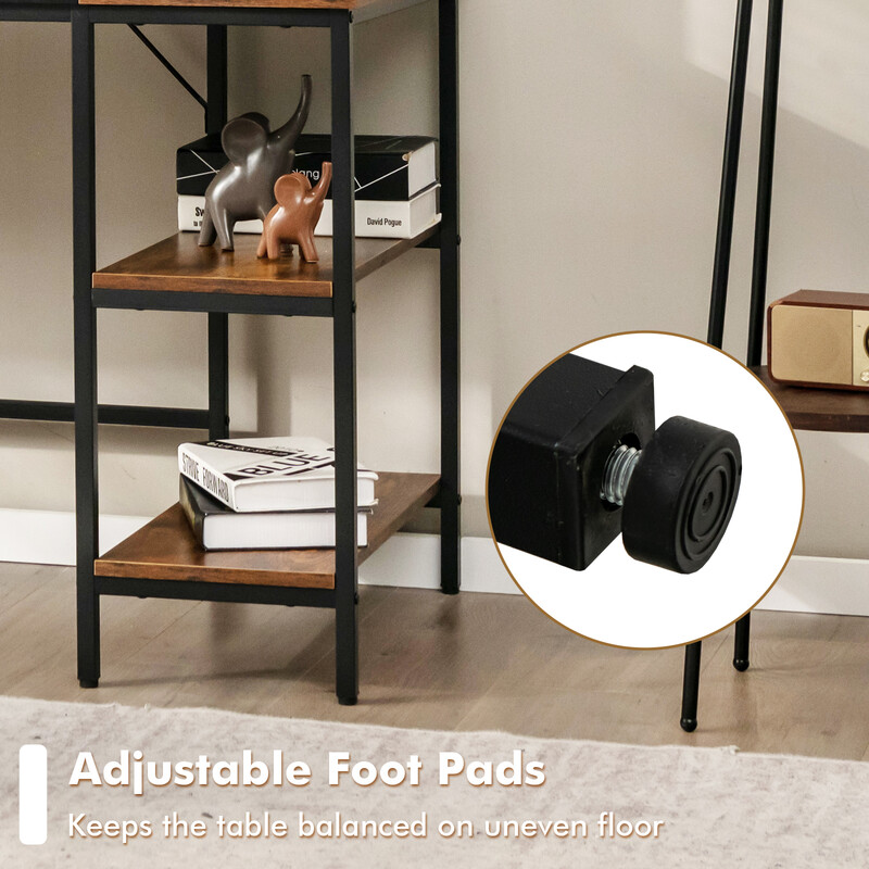 Skrivebord 140 cm rustik brun industrielt med hylder og aftagelig midterhylde