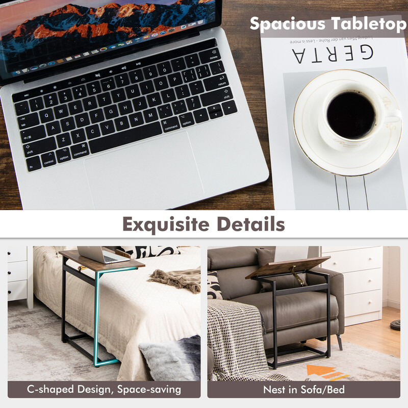 C-formet sidebord brun MDF stål 57x37 cm 5-trins justerbar hældning