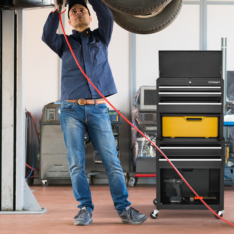 Værktøjsvogn sort metal 4 låsebare skuffer med hjul 61x33x132 cm