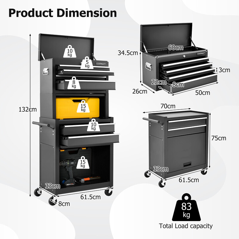 Værktøjsvogn sort metal 4 låsebare skuffer med hjul 61x33x132 cm
