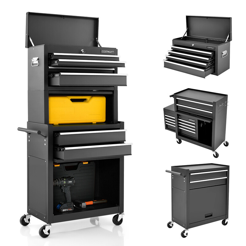Værktøjsvogn sort metal 4 låsebare skuffer med hjul 61x33x132 cm