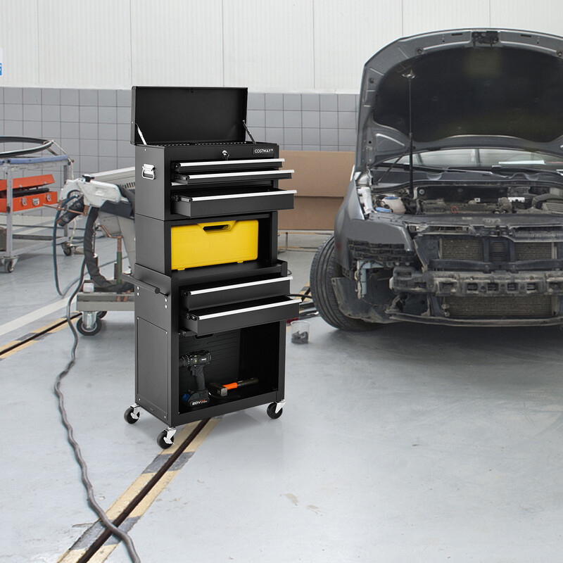 Værktøjsvogn sort metal 4 låsebare skuffer med hjul 61x33x132 cm