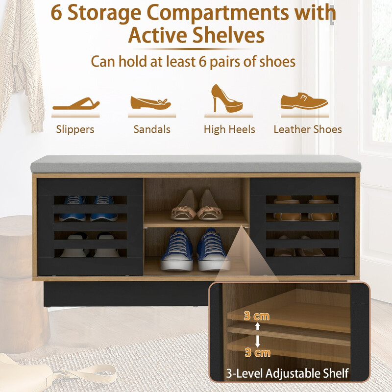 Skobænk i naturligt træ med justerbare hylder og skumdynesiddested