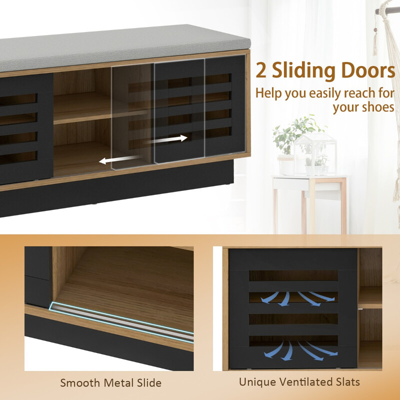 Skobænk i naturligt træ med justerbare hylder og skumdynesiddested