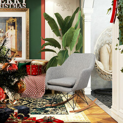 Gyngestol grå linned med metalramme og bøgetræ base 65x75x83 cm