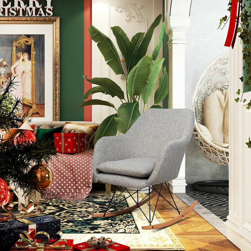 Gyngestol grå linned med metalramme og bøgetræ base 65x75x83 cm