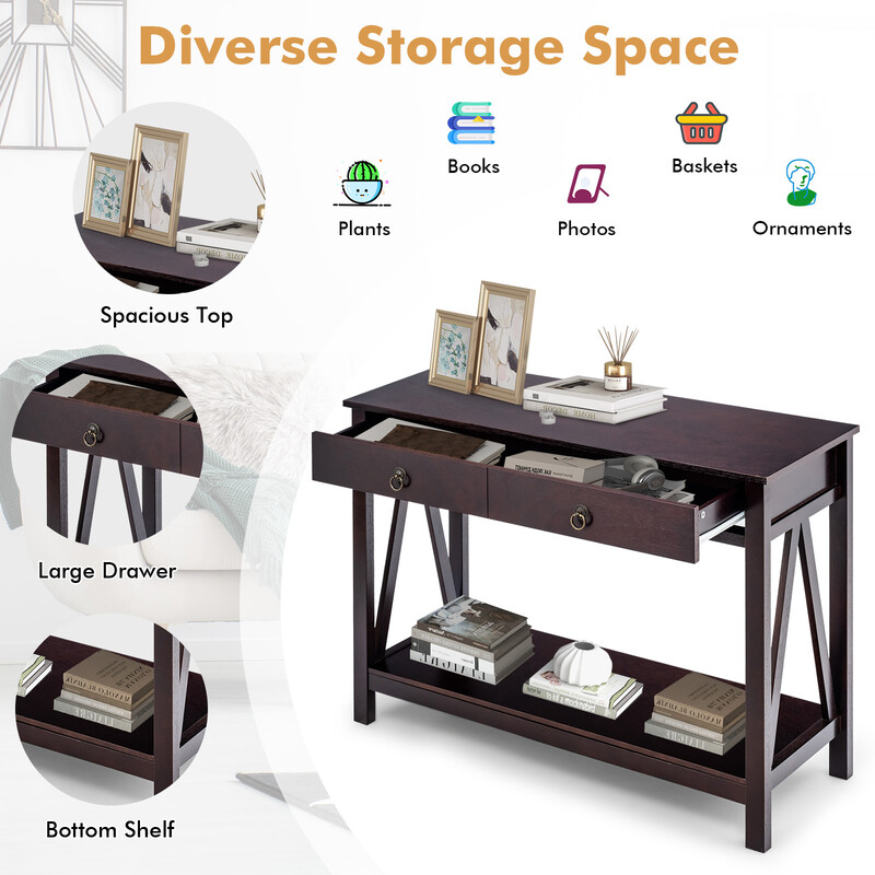 Konsolbord espresso MDF massivt træ 106x35x78 cm vægmontering