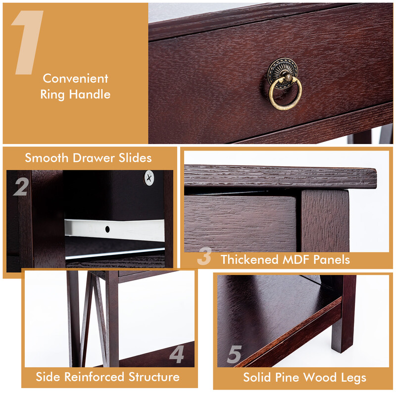 Konsolbord espresso MDF massivt træ 106x35x78 cm vægmontering