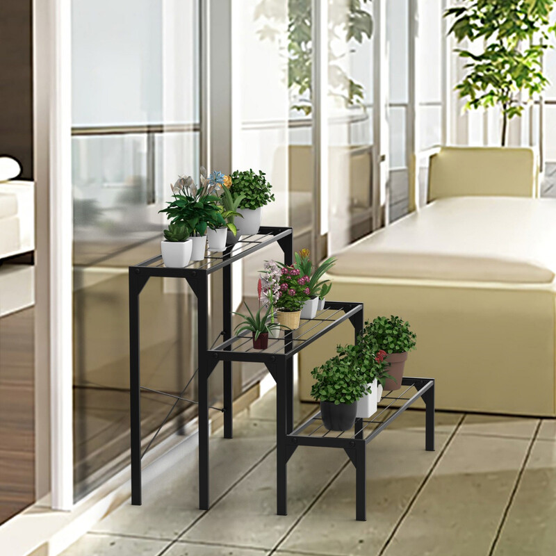 Metall plantehylde 3 niveau sort 86x66 cm udendørs