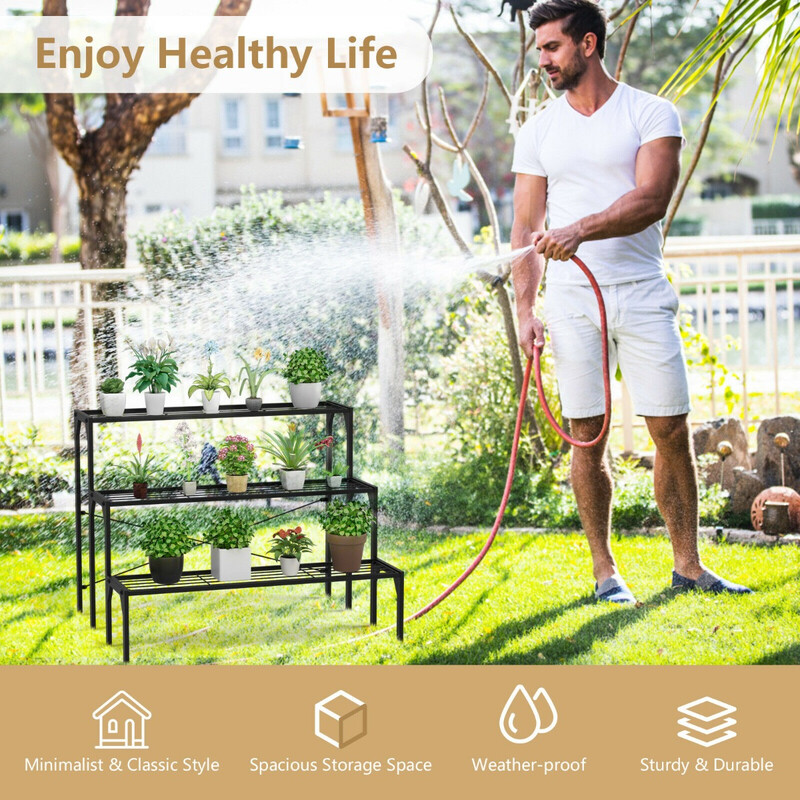 Metall plantehylde 3 niveau sort 86x66 cm udendørs