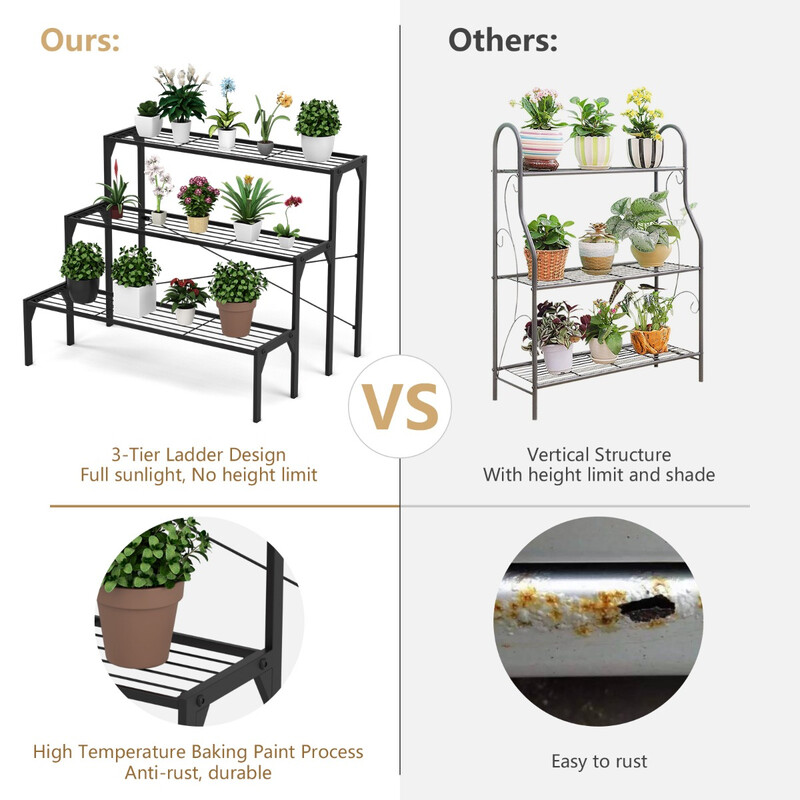 Metall plantehylde 3 niveau sort 86x66 cm udendørs