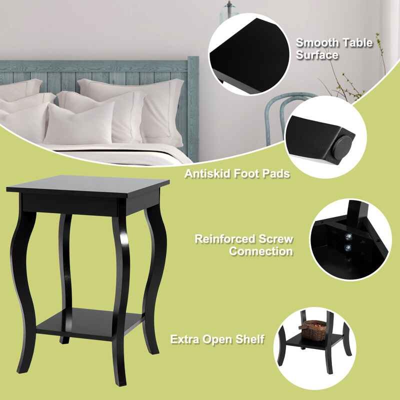 Sidebord sort træbaseret 40x40x60 cm med hylde og kurvede ben