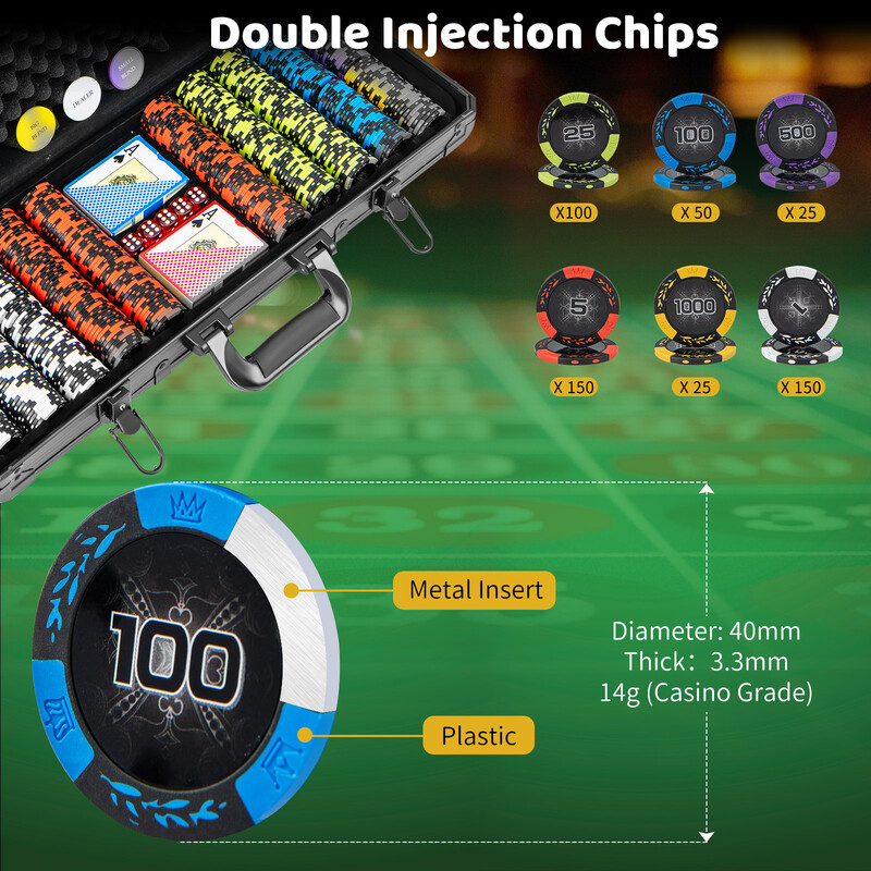 Poker sæt med 500 marker 2 kortspil 5 terninger og sort opbevaringstaske