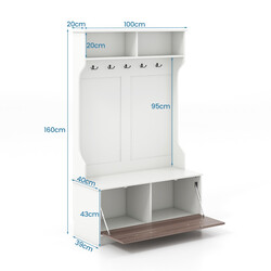 Hallgarderobe med bænk hvid træ 100x40x160 cm 5 dobbeltkroge