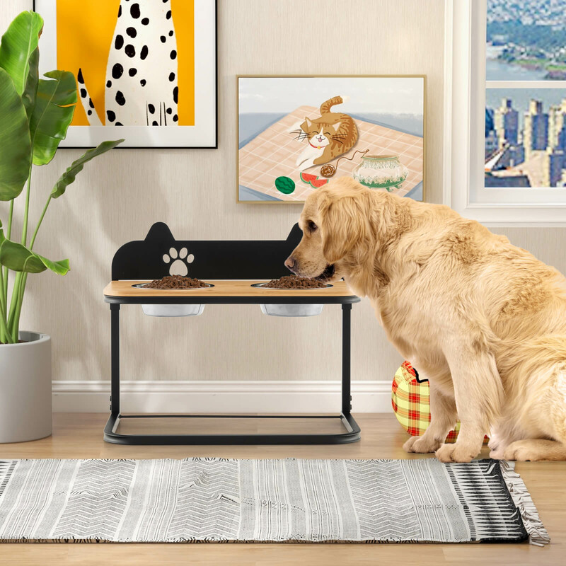 Hævet fodringsstation til hunde med justerbar højde rustfri stålskåle og bambusbord