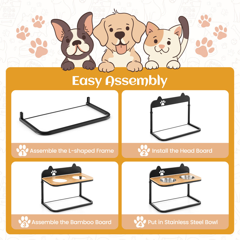 Hævet fodringsstation til hunde med justerbar højde rustfri stålskåle og bambusbord
