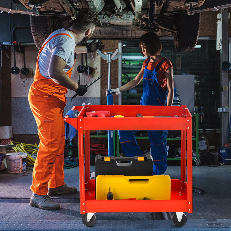 Rød metalvogn med to niveauer hjul og håndtag 85x41x79 cm