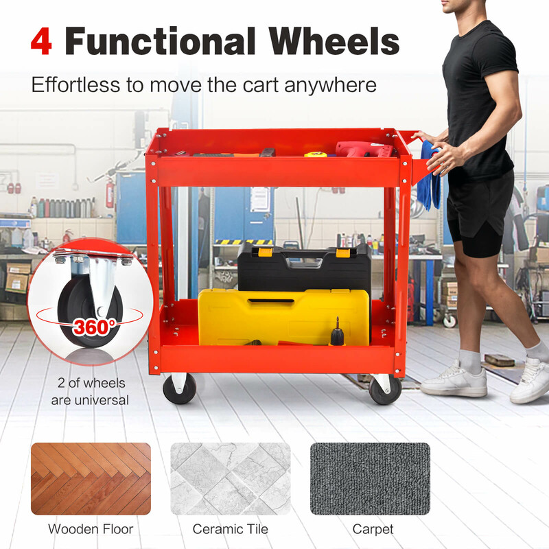 Rød metalvogn med to niveauer hjul og håndtag 85x41x79 cm