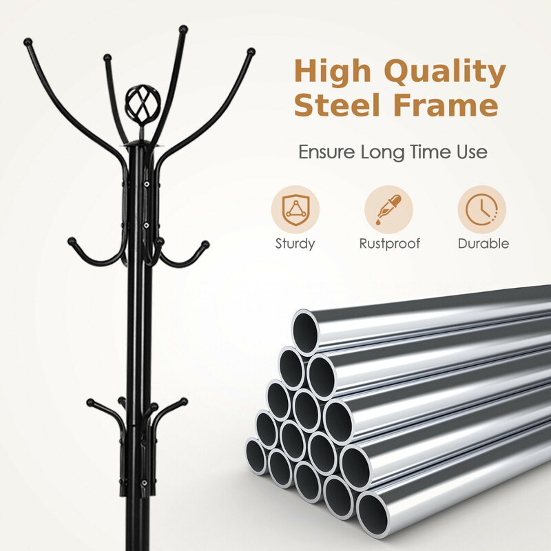 Stående tøjholder i sort metal 12 kroge 180 cm