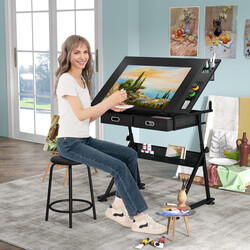 Tegnebord sort MDF justerbar højde 73-98 cm med stol
