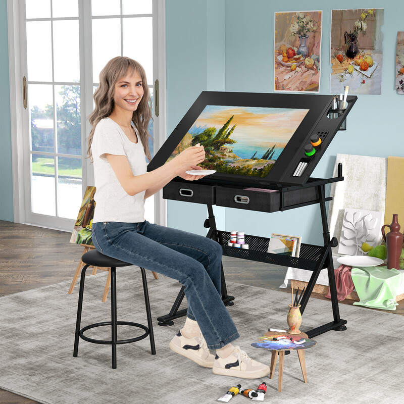 Tegnebord sort MDF justerbar højde 73-98 cm med stol