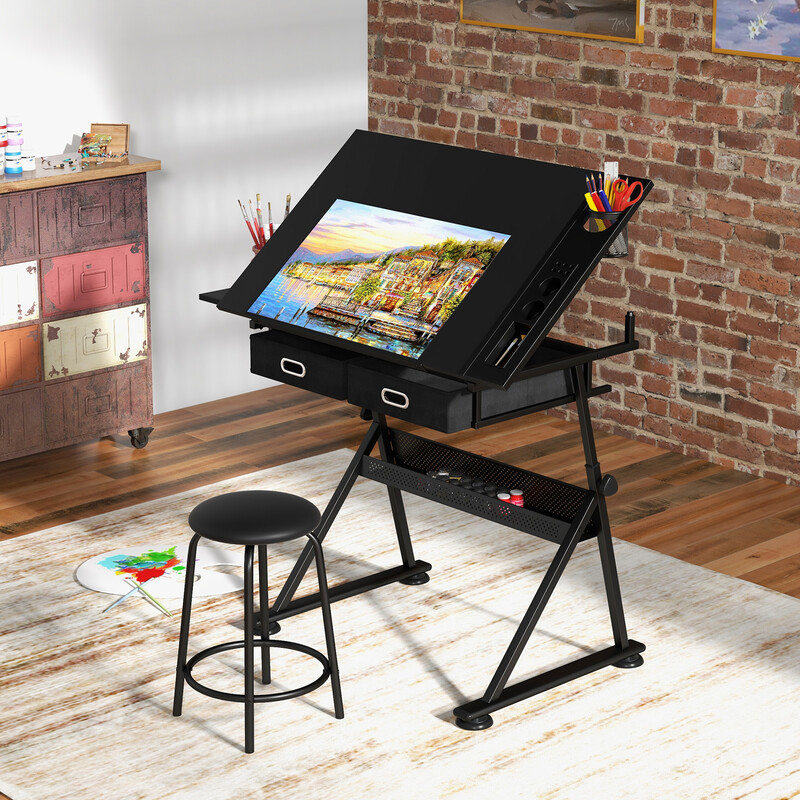 Tegnebord sort MDF justerbar højde 73-98 cm med stol