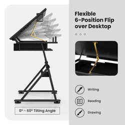 Tegnebord sort MDF justerbar højde 73-98 cm med stol