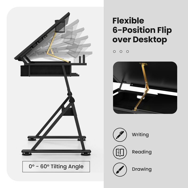 Tegnebord sort MDF justerbar højde 73-98 cm med stol