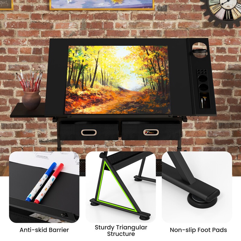 Tegnebord sort MDF justerbar højde 73-98 cm med stol