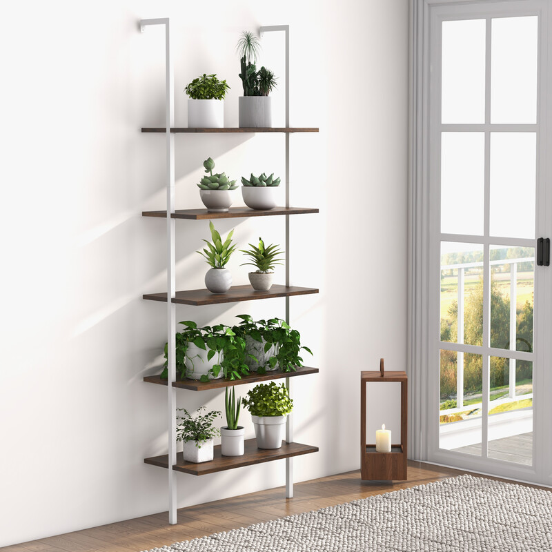 Steghylde brun stålram fem hylder vægmonteret 60x30x180 cm