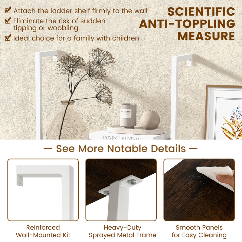 Steghylde brun stålram fem hylder vægmonteret 60x30x180 cm