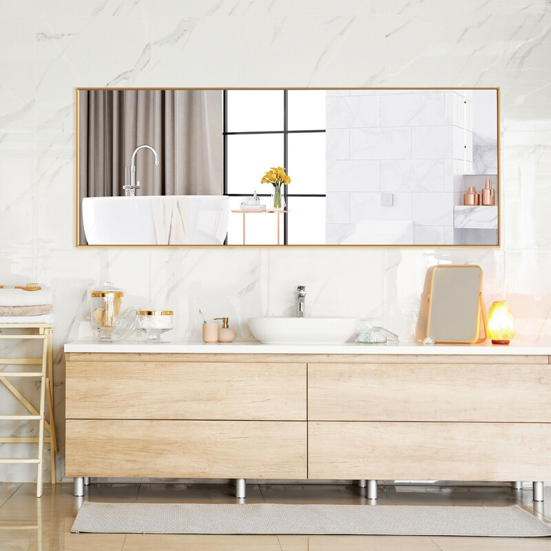 Helkropsspejl i guld aluminiumramme 150 x 56 cm splittersikret med tre monteringsmuligheder