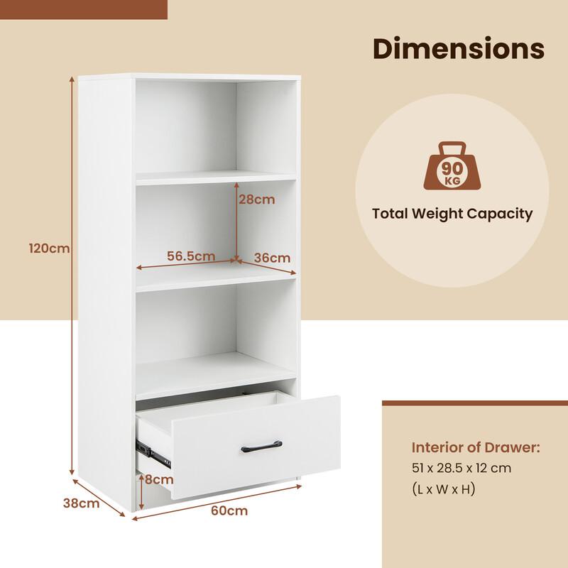 Boghylde hvid 120 cm 4 niveauer med skuffe spånplade MDF