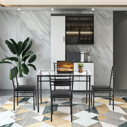 Spisegruppe 5 dele sort glasbord med metalramme og 4 polstrede stole